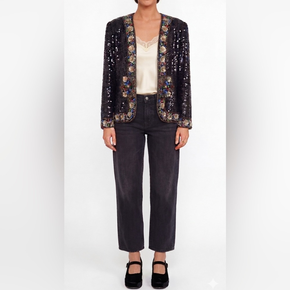Floral Maximalist Sequin Beaded Jacket S Black Silk Vintage Stenay Whimsigoth - Picture 14 of 14